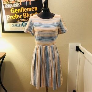 Blue, yellow, and white striped dress
